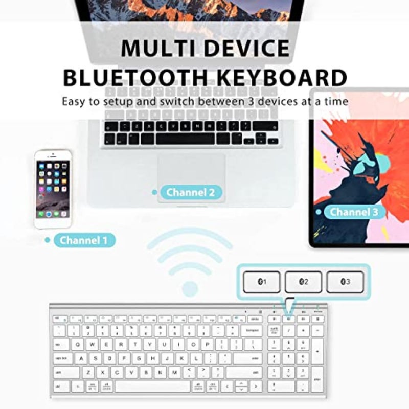 لوحة مفاتيح Bluetooth BK10 لأجهزة iPad iPhone Mac iOS Android Windows: تصميم مريح كامل الحجم متعدد الأجهزة قابل لإعادة الشحن مع لوحة أرقام واتصال مستقر - Image 2