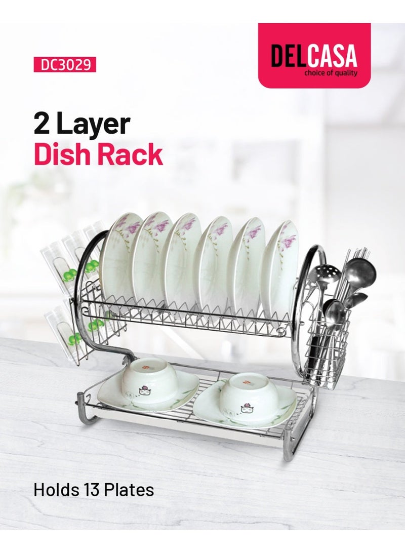 Cuisine Art رف أطباق حديدي من ديلكاسا بطبقتين - DC3029 / منظم للمطبخ لحفظ 13 طبقًا، وعاء، وكوب، وأدوات مائدة / حامل تجفيف مع صينية تصريف من PP - Image 2