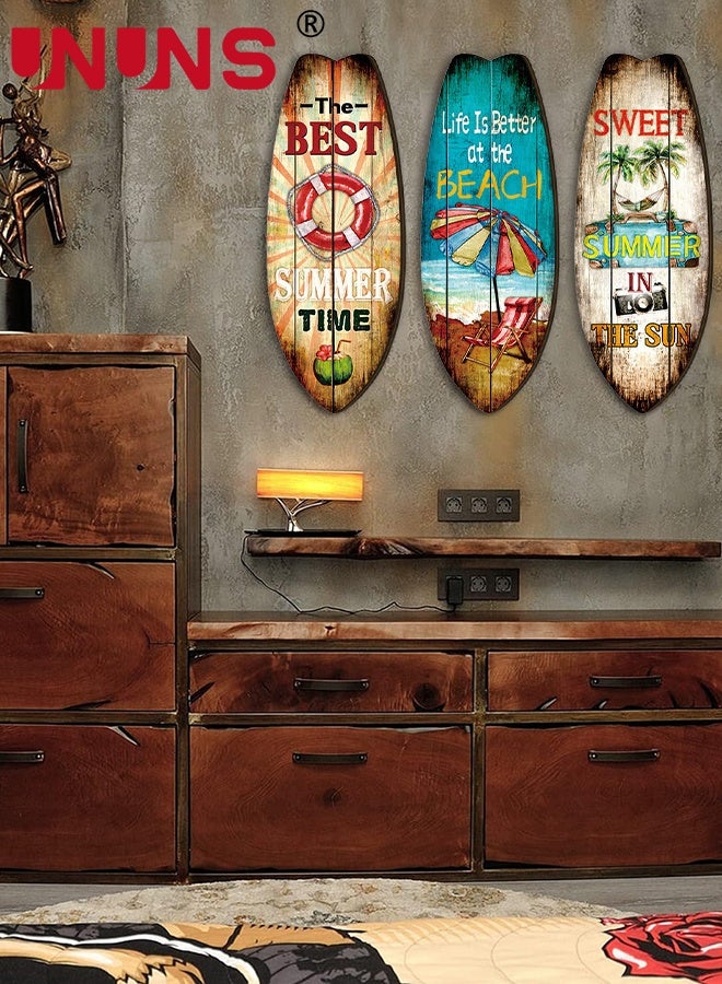 UNUNS Surfboard Wall Decor,3PCS Wooden Surfboards Wall Sign Theme Ornaments Wooden Sign Boards Wooden Surfboards Beach Tropical Summer Nautical,11X30CM - Image 3