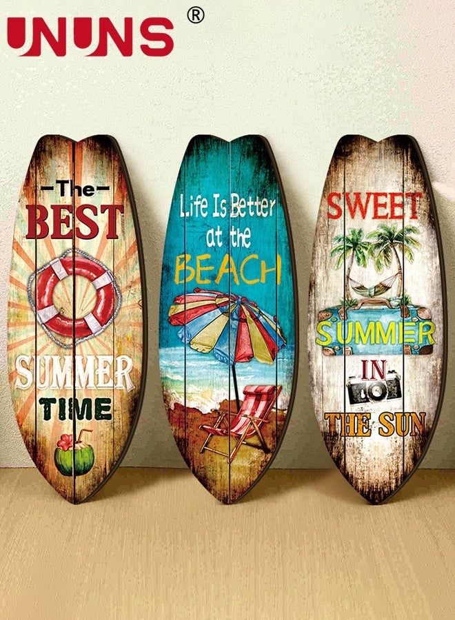UNUNS Surfboard Wall Decor,3PCS Wooden Surfboards Wall Sign Theme Ornaments Wooden Sign Boards Wooden Surfboards Beach Tropical Summer Nautical,11X30CM - Image 1