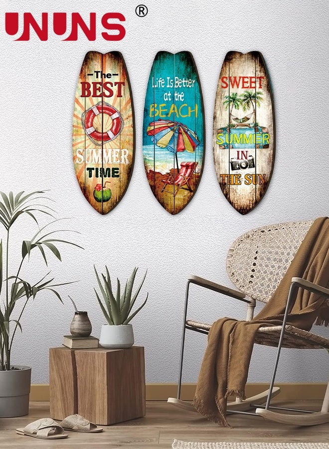 UNUNS Surfboard Wall Decor,3PCS Wooden Surfboards Wall Sign Theme Ornaments Wooden Sign Boards Wooden Surfboards Beach Tropical Summer Nautical,11X30CM - Image 5