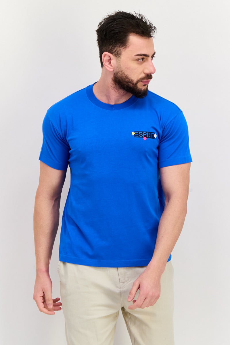 ESPRIT تي شيرت رجالي بأكمام قصيرة وياقة دائرية بشعار العلامة التجارية، أزرق ملكي - Image 1