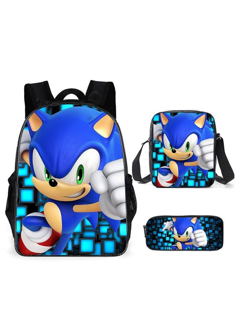 Sonic student large capacity backpack three piece set, anime cartoon backpack, shoulder bag pen bag