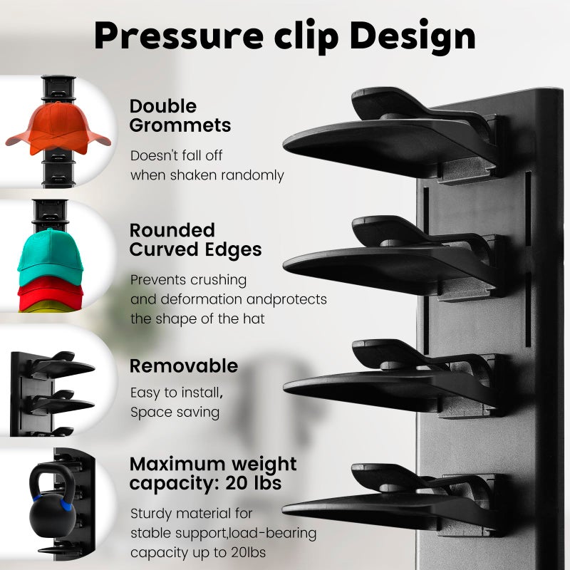 PCEEL 2Pack Hat Organizer for Baseball Cap with Locking Tech, Hat Rack Strong Adhesive Hat Hooks for Wall Hold Up to 20 Hats, Multi-layer Hat Storage Display for Door, Bedroom, Closet - Black - Image 3