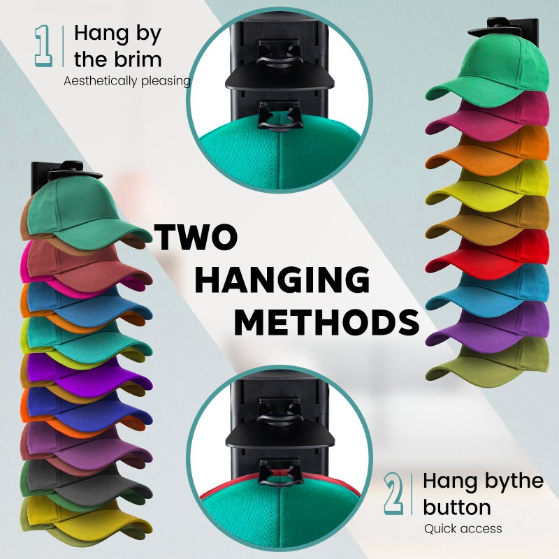 PCEEL 2Pack Hat Organizer for Baseball Cap with Locking Tech, Hat Rack Strong Adhesive Hat Hooks for Wall Hold Up to 20 Hats, Multi-layer Hat Storage Display for Door, Bedroom, Closet - Black - Image 5