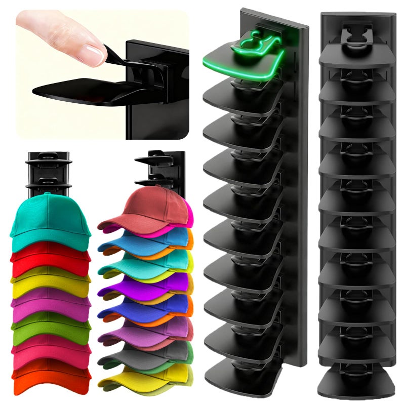 PCEEL 2Pack Hat Organizer for Baseball Cap with Locking Tech, Hat Rack Strong Adhesive Hat Hooks for Wall Hold Up to 20 Hats, Multi-layer Hat Storage Display for Door, Bedroom, Closet - Black - Image 1