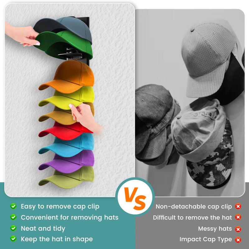 PCEEL 2Pack Hat Organizer for Baseball Cap with Locking Tech, Hat Rack Strong Adhesive Hat Hooks for Wall Hold Up to 20 Hats, Multi-layer Hat Storage Display for Door, Bedroom, Closet - Black - Image 2