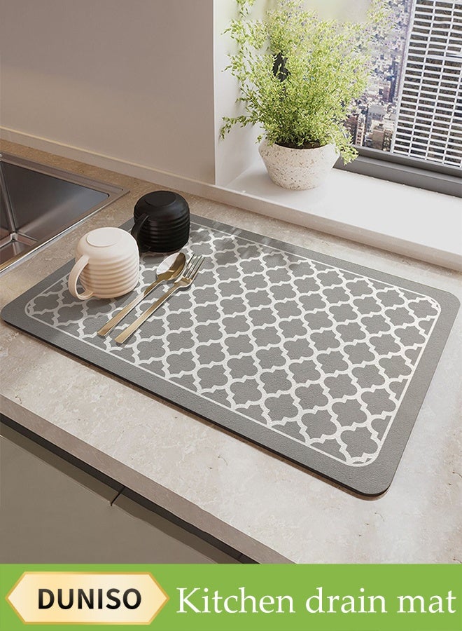 DUNISO Kitchen Drain Mat，Diatom Mud Drainage Pad，Dishwashing Mat, Insulation Mat，Tea Cup Cushion，Anti Fouling and Anti Slip，Can Be Used in Kitchens, Restaurants and Bars，30*40CM，Palace Lantern Edging，Light Grey - Image 1