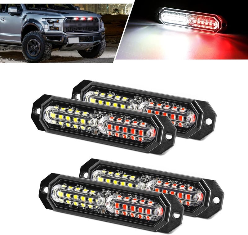 OPP ULITE أضواء ستروب LED حمراء بيضاء للشاحنات - 23 وضع وميض، 12 LED، ضوء شبكي طارئ مقاوم للماء - عبوة 4 قطع - Image 1