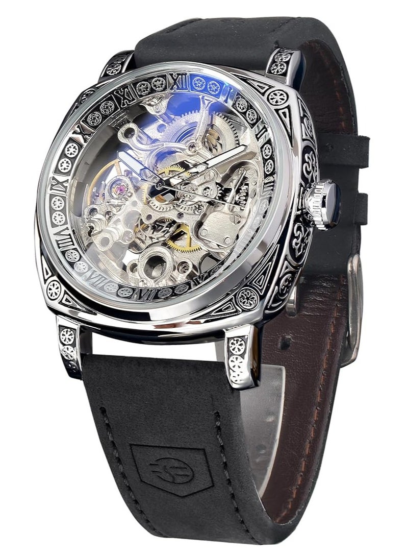 FORSINING Watches for Man, Square Retro Mechanical Watch Self-Wind Carved, Skeleton Automatic Watches Vintage Leather Strap Wristwatch - Image 1