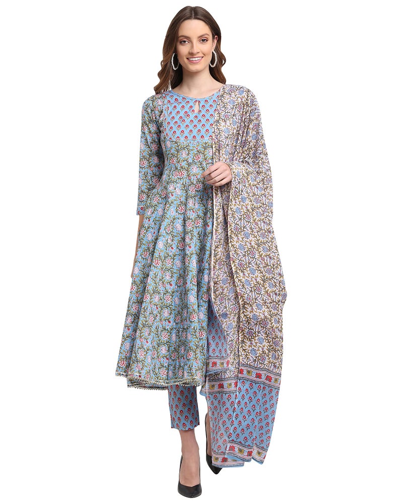 Rajnandini Women's Pure Cambric Cotton Printed Kurta Set with Dupatta (JOPLJPR801-4XL_Blue_4XL) - Image 1