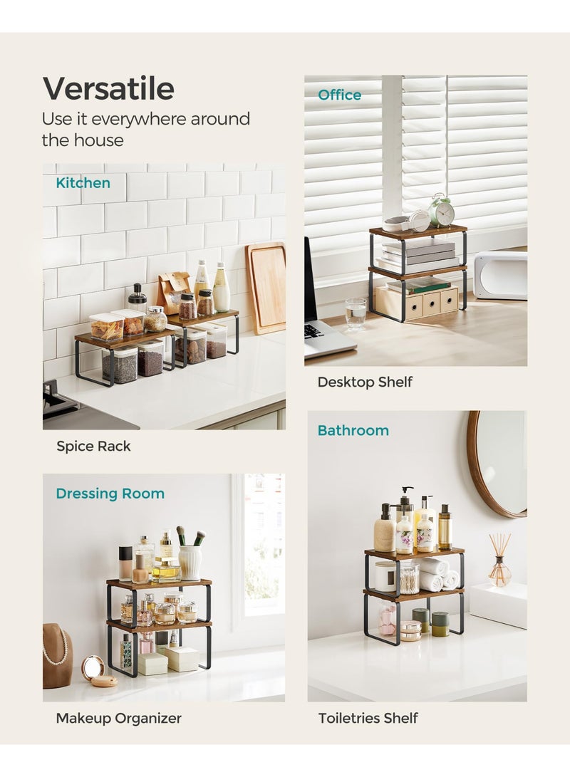 SONGMICS Stackable & Expandable Cabinet Shelf Organizer, 2-Pack Kitchen Countertop Storage Rack, Rustic Brown & Black - Image 5