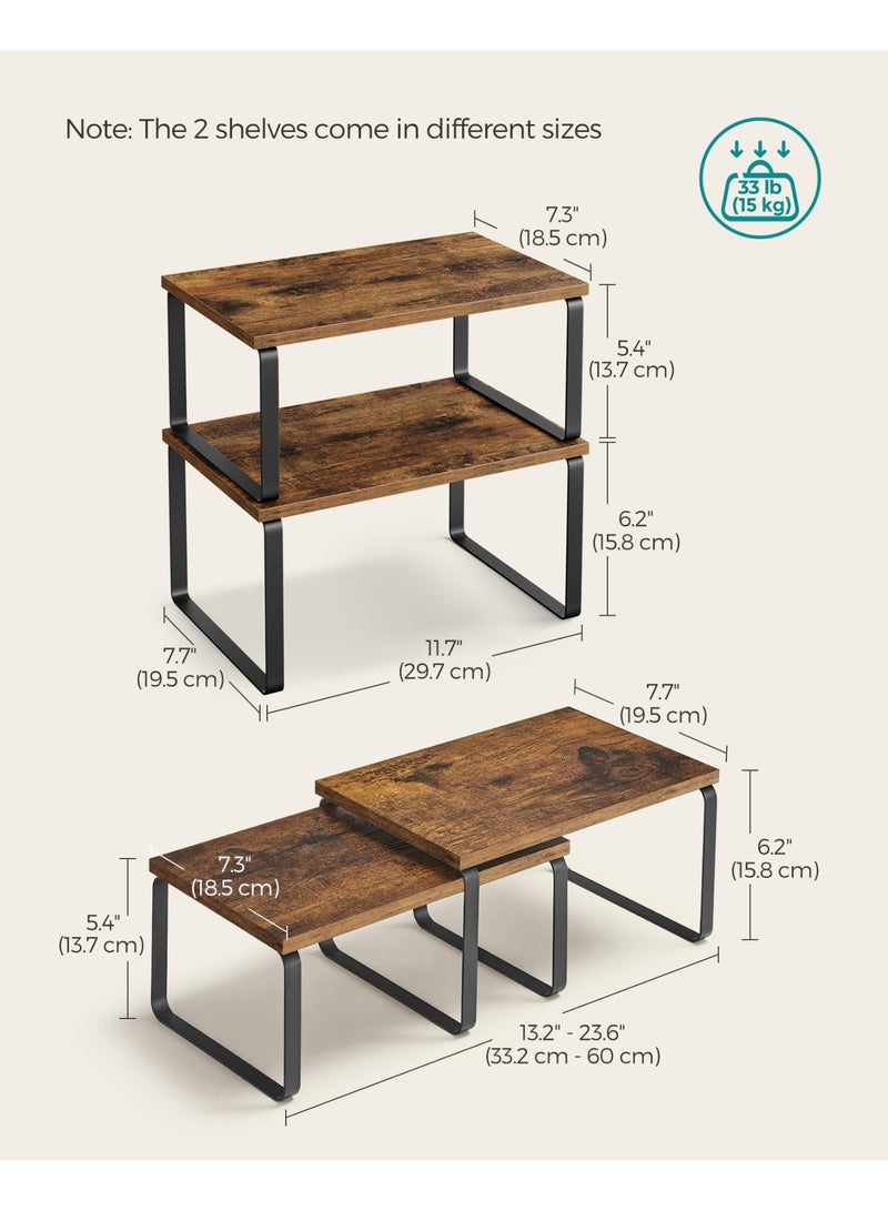 SONGMICS Stackable & Expandable Cabinet Shelf Organizer, 2-Pack Kitchen Countertop Storage Rack, Rustic Brown & Black - Image 4