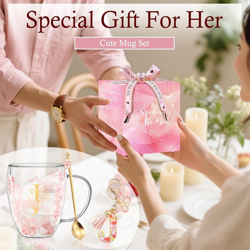 BigNoseDeer Gifts for Women Glass Coffee Mugs Unique Birthday Gift for Women Her Ladies Espresso Tea Cups Personalised Friendship Wedding Gifts Cute Double Walled Glass Mugs Pink Stuff Graduation Gift (Letter J) - Image 5