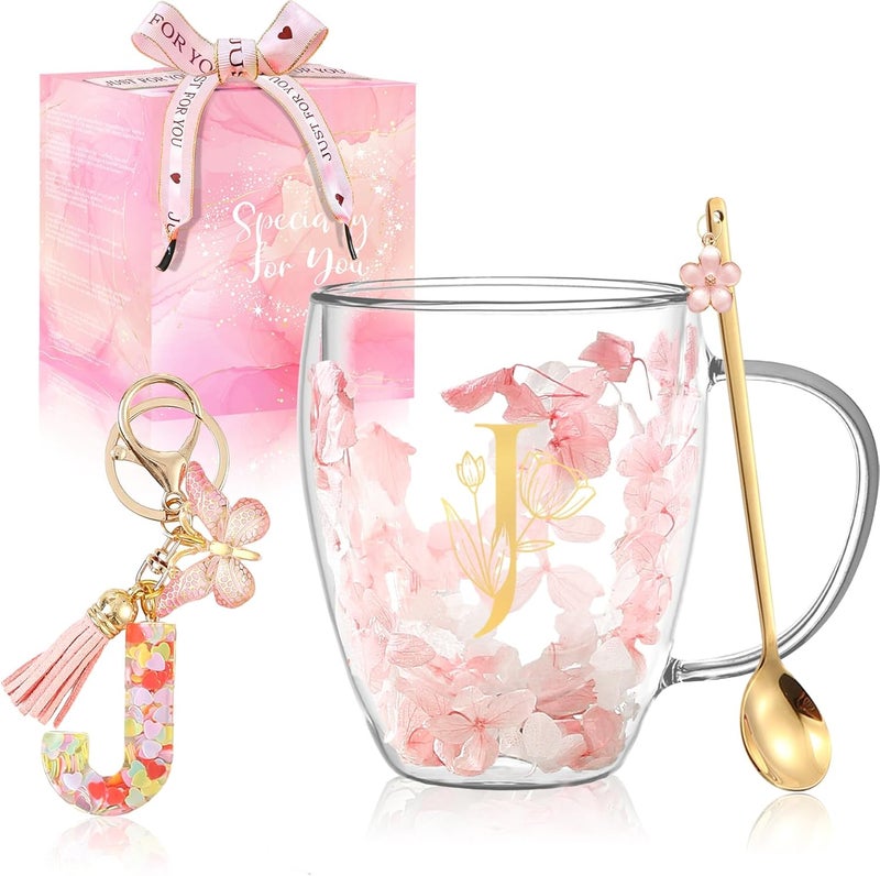 BigNoseDeer Gifts for Women Glass Coffee Mugs Unique Birthday Gift for Women Her Ladies Espresso Tea Cups Personalised Friendship Wedding Gifts Cute Double Walled Glass Mugs Pink Stuff Graduation Gift (Letter J) - Image 1