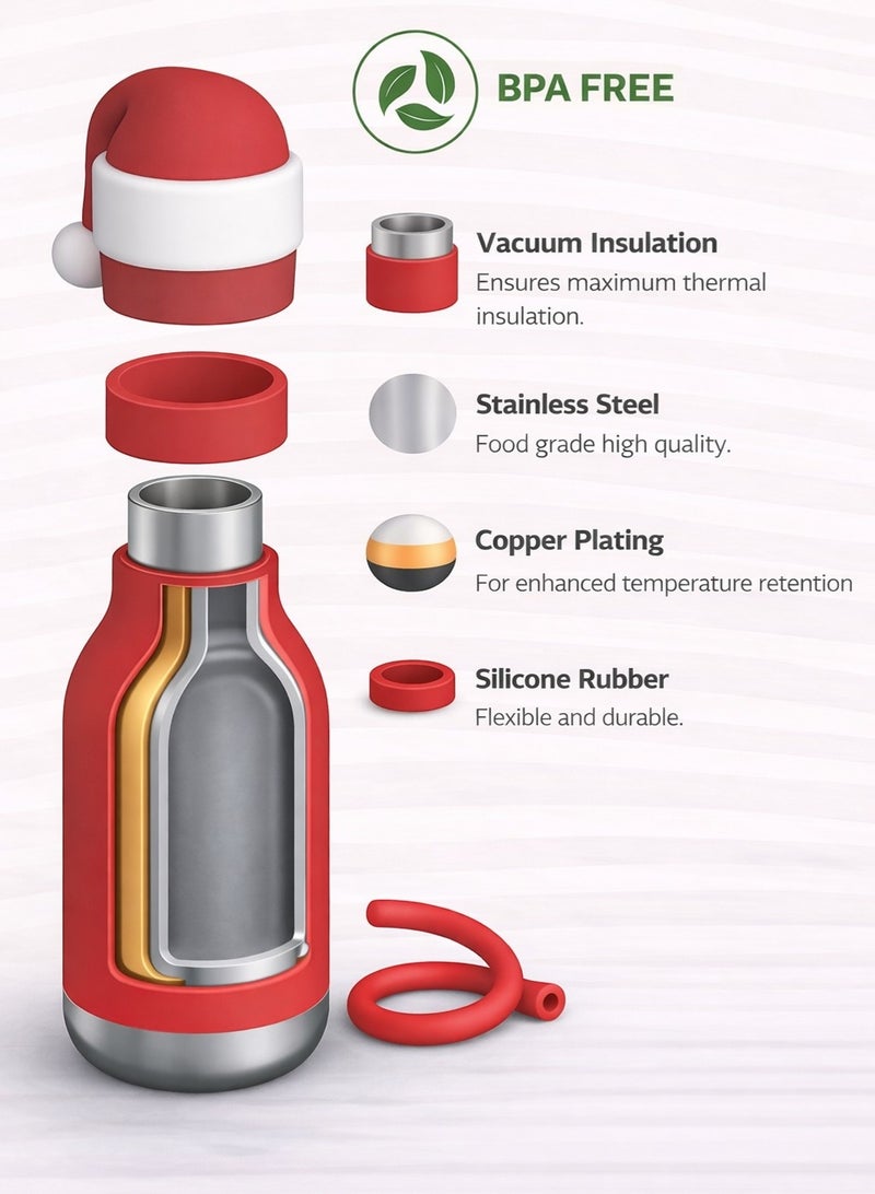 Asobu Santa Bestie Bottle 16oz Kids Insulated Water Bottle with Straw, Vacuum Stainless Steel, Leakproof BPA-Free, Cute Christmas Design, Cold 24h Hot 12h, School Travel Bottle - Image 4