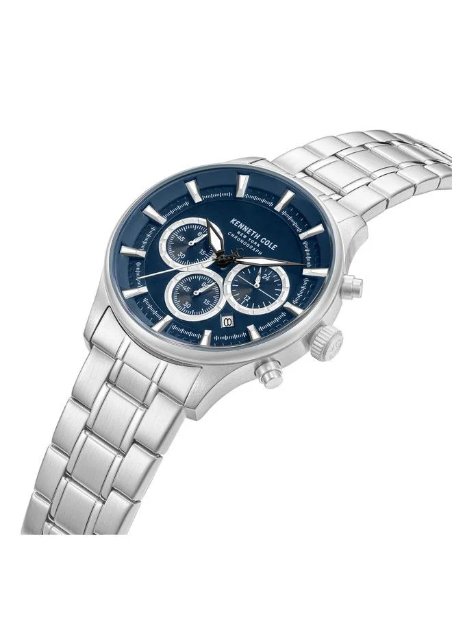 كينيث كول نيو يورك ساعة كرونوغراف رجالية تومسون بقرص أزرق وسوار فضي من الفولاذ المقاوم للصدأ - . مم