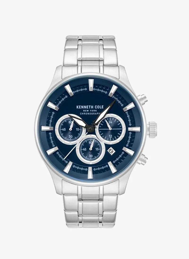Kenneth Cole New York Thompson Blue Dial Silver Stainless Steel Bracelet Chronograph Watch for Men - 43.5mm
