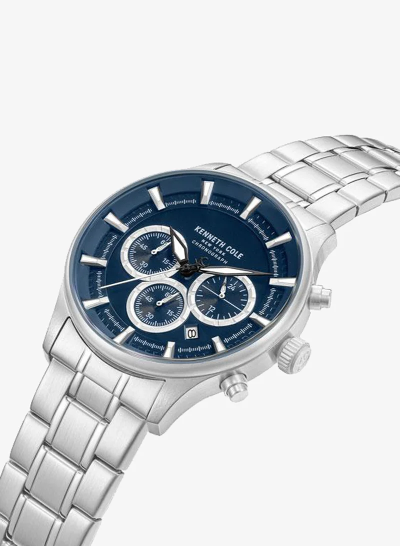 Kenneth Cole New York Thompson Blue Dial Silver Stainless Steel Bracelet Chronograph Watch for Men - 43.5mm