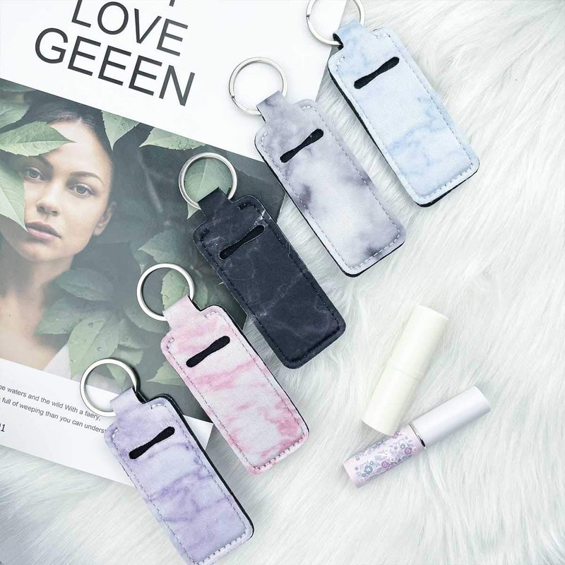 yuntop 5 Pieces Marble Chapstick Holder Keychain Clip-on Sleeve Chapstick Pouch Neoprene Keychains Lipstick Holder Elastic Lip Balm Holster Keychain Holder for Chapstick Tracker Safeguard Travel Accessories  - Image 5