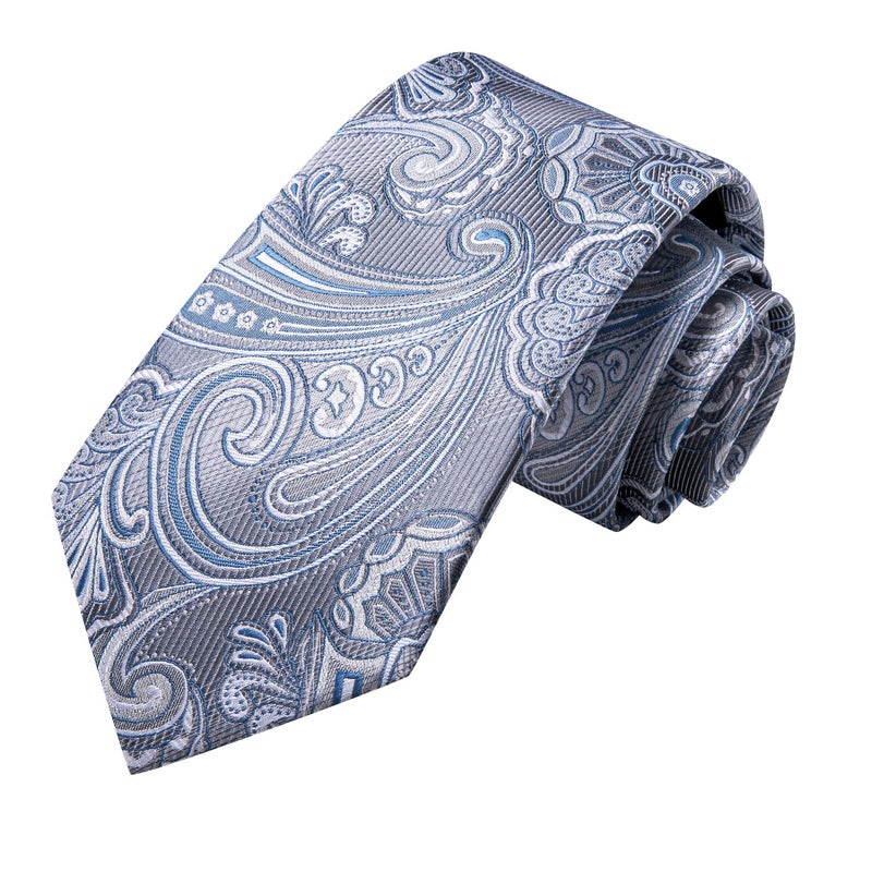 Hi-Tie ربطات عنق حرير هاي تاي للرجال مع مربع جيب وزوج من الأزرار، مجموعة ربطة عنق مزخرفة رسمية للأعمال، رمادي - Image 4