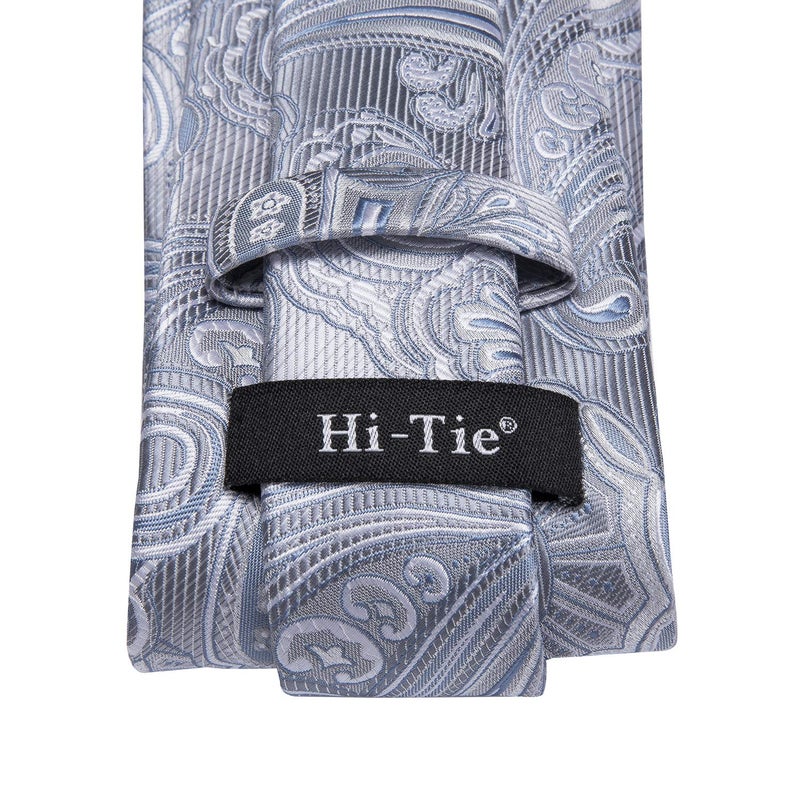 Hi-Tie ربطات عنق حرير هاي تاي للرجال مع مربع جيب وزوج من الأزرار، مجموعة ربطة عنق مزخرفة رسمية للأعمال، رمادي - Image 5