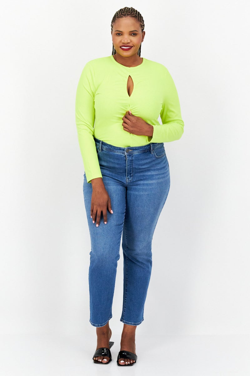 Royalty by Maluma Women Crew Neck Long Sleeve Textured Bodysuit, Lime Green - Image 3