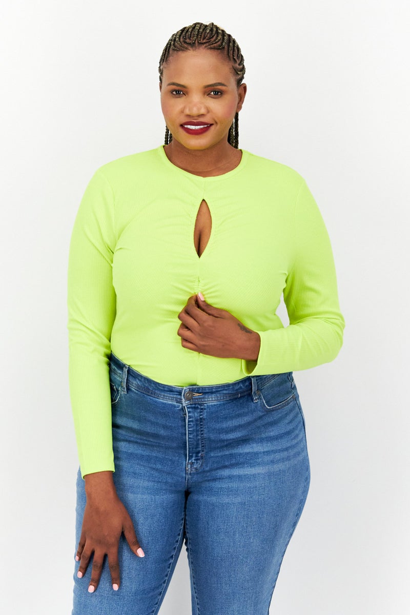 Royalty by Maluma Women Crew Neck Long Sleeve Textured Bodysuit, Lime Green - Image 1