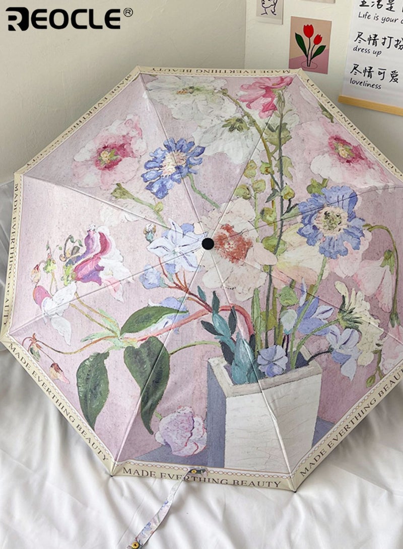REOCLE Vintage Floral Patterned Umbrella Compact Folding Sun & Rain Umbrella with Stylish Details Portable Daily Umbrella for Outdoor & Casual Use - Image 4