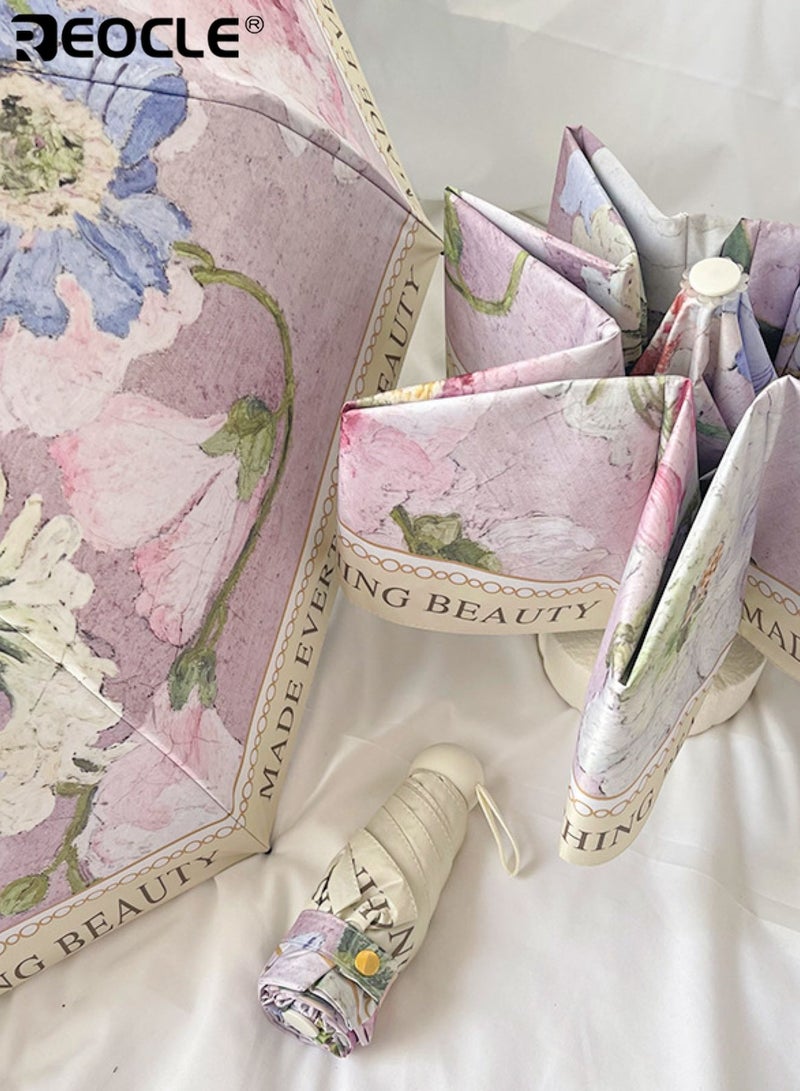 REOCLE Vintage Floral Patterned Umbrella Compact Folding Sun & Rain Umbrella with Stylish Details Portable Daily Umbrella for Outdoor & Casual Use - Image 2