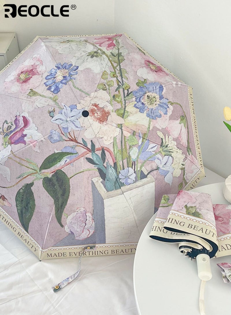 REOCLE Vintage Floral Patterned Umbrella Compact Folding Sun & Rain Umbrella with Stylish Details Portable Daily Umbrella for Outdoor & Casual Use - Image 3