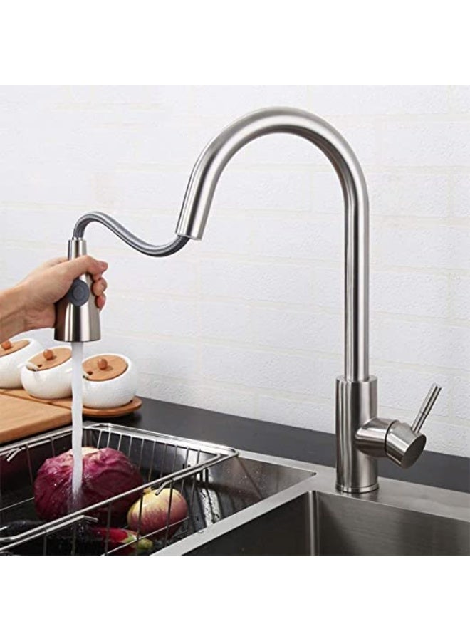 Colro Global Modern Pull-Out Kitchen Faucet with Dual-Mode Spray Head - 360° Swivel Stainless Steel Sink Mixer Tap, Single Handle High-Arc Faucet with Retractable Sprayer, Brushed Nickel/Chrome Finish - Image 3