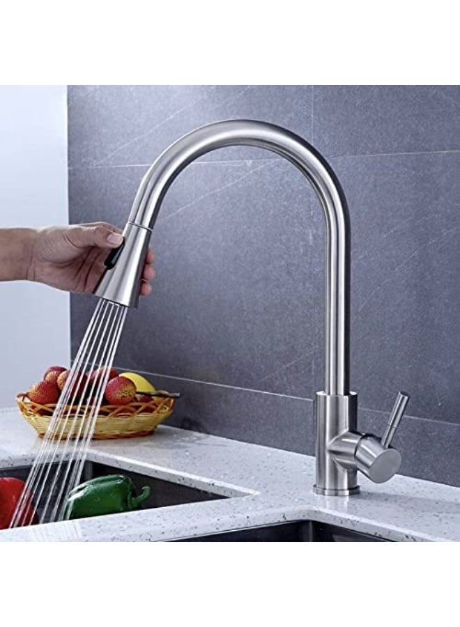 Colro Global Modern Pull-Out Kitchen Faucet with Dual-Mode Spray Head - 360° Swivel Stainless Steel Sink Mixer Tap, Single Handle High-Arc Faucet with Retractable Sprayer, Brushed Nickel/Chrome Finish - Image 5