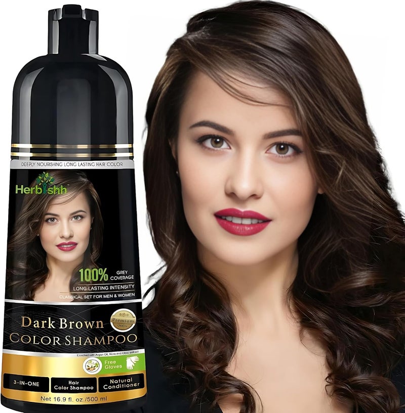 Herbishh Dark Brown Hair Color Shampoo - 3-in-1 Ammonia-Free Formula for Gray Hair - 500 ml - Image 1
