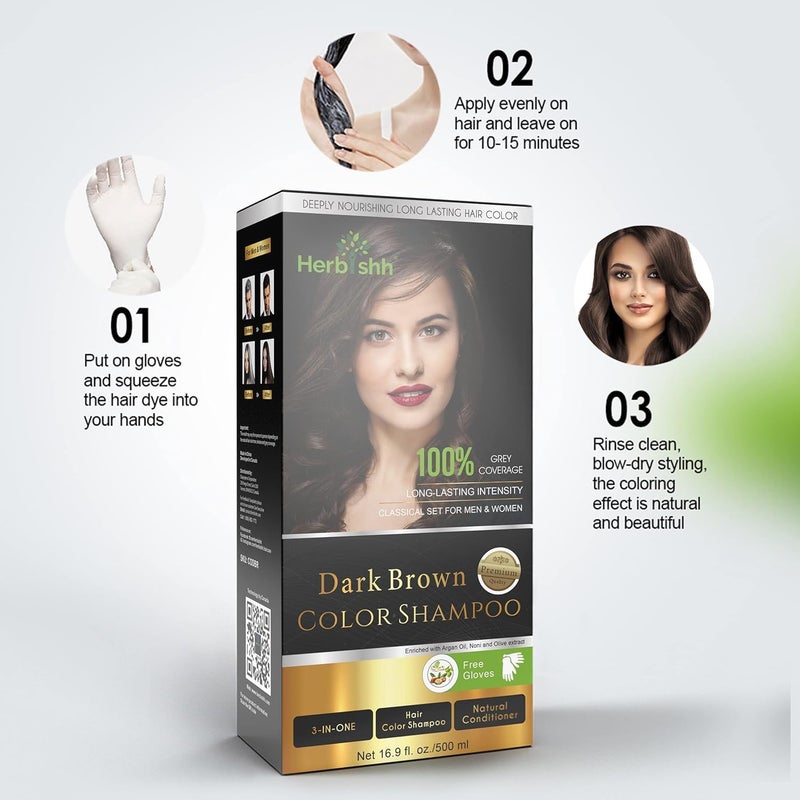 Herbishh Dark Brown Hair Color Shampoo - 3-in-1 Ammonia-Free Formula for Gray Hair - 500 ml - Image 3