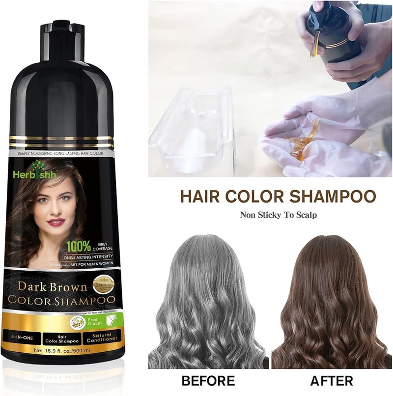Herbishh Dark Brown Hair Color Shampoo - 3-in-1 Ammonia-Free Formula for Gray Hair - 500 ml - Image 2
