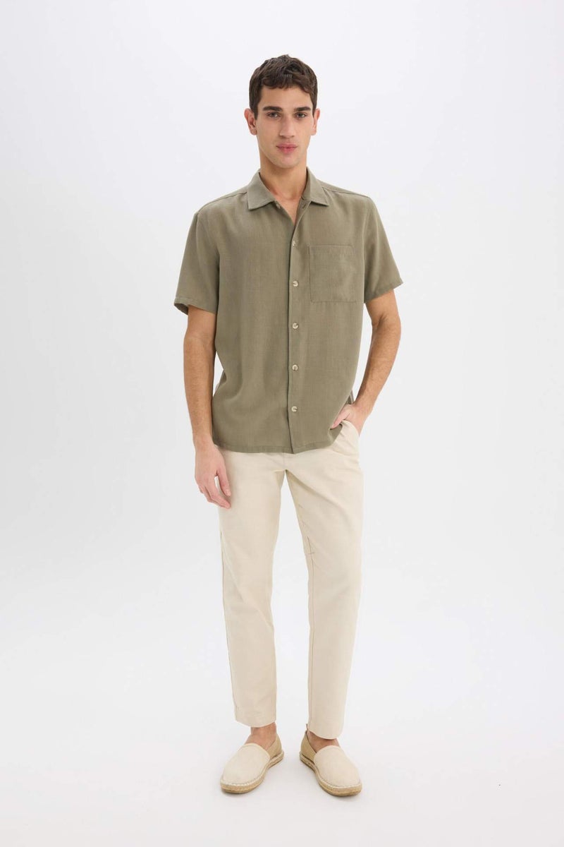 DeFacto Relax Fit Polo Neck Short Sleeve Linen Look Shirt - Image 4