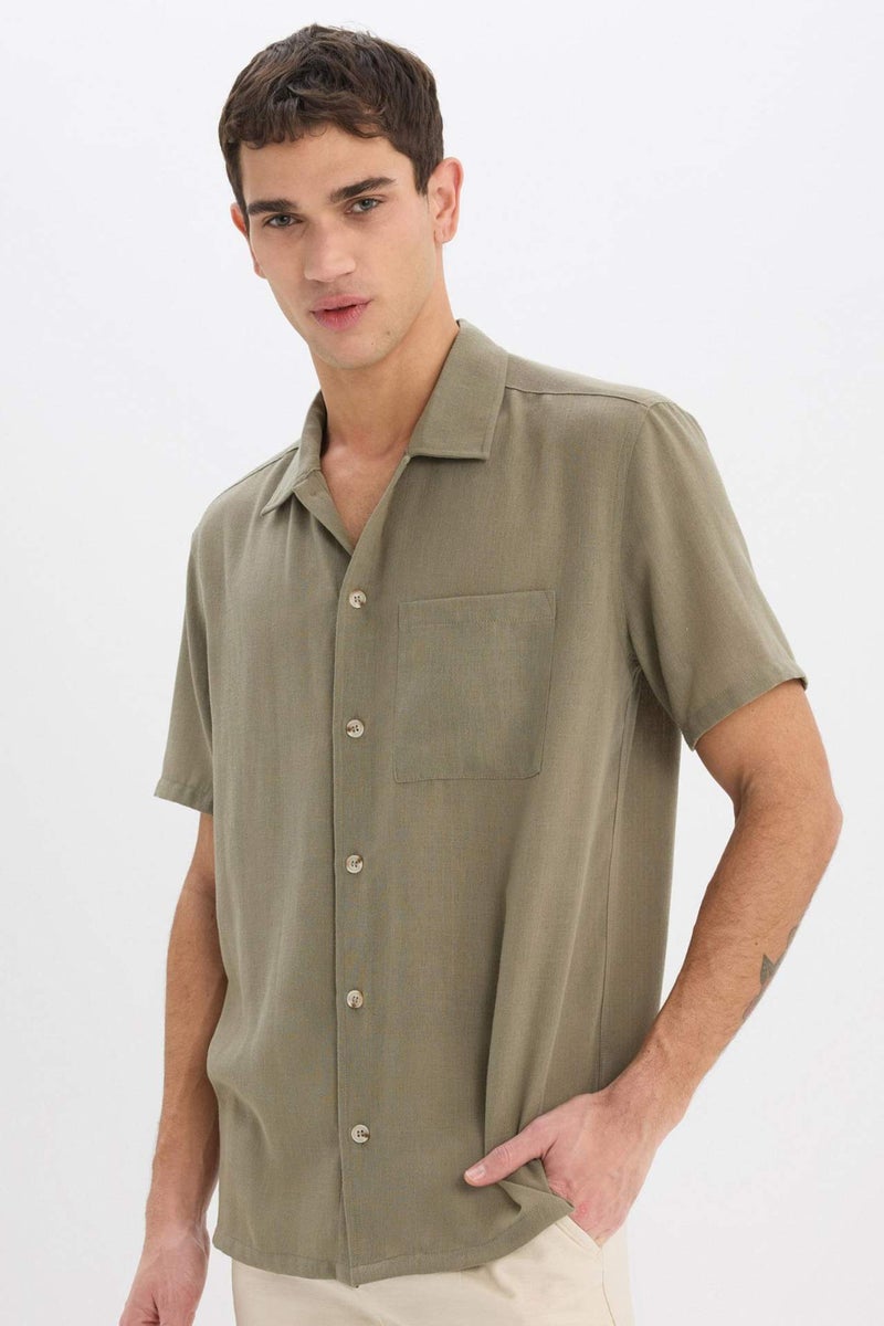 DeFacto Relax Fit Polo Neck Short Sleeve Linen Look Shirt - Image 3