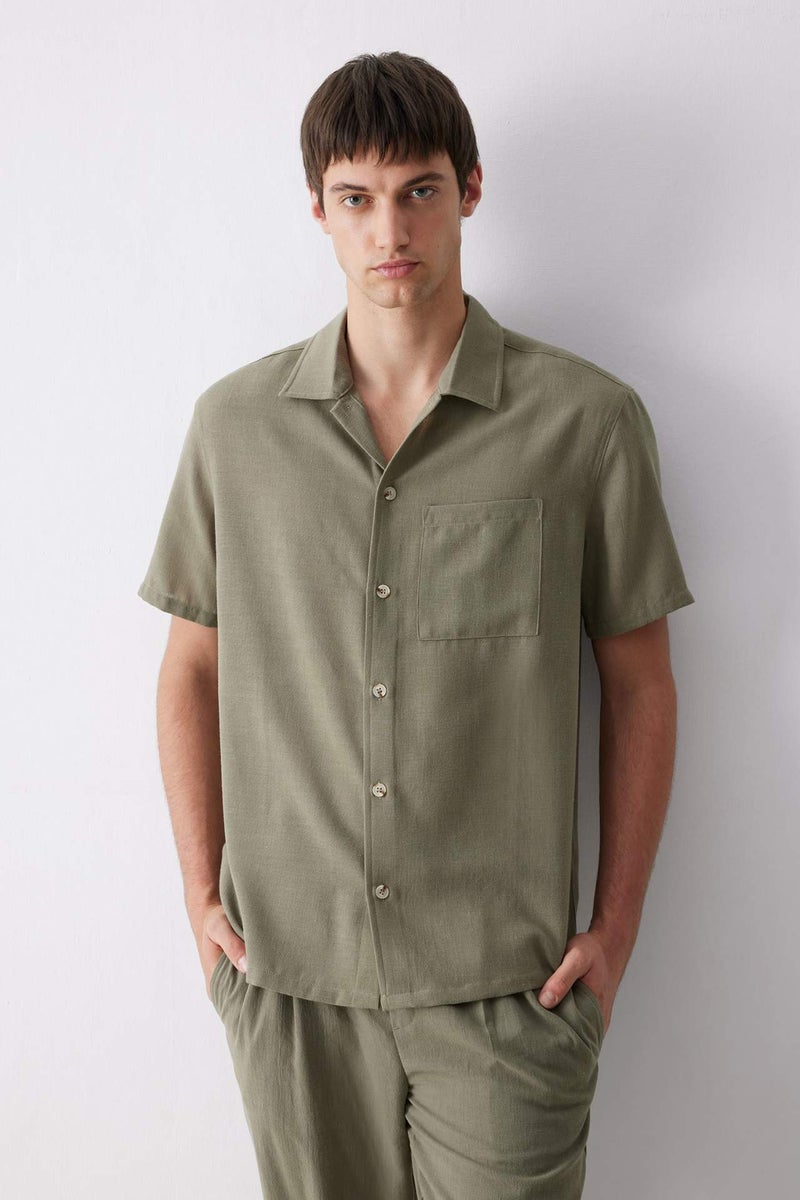 DeFacto Relax Fit Polo Neck Short Sleeve Linen Look Shirt - Image 1