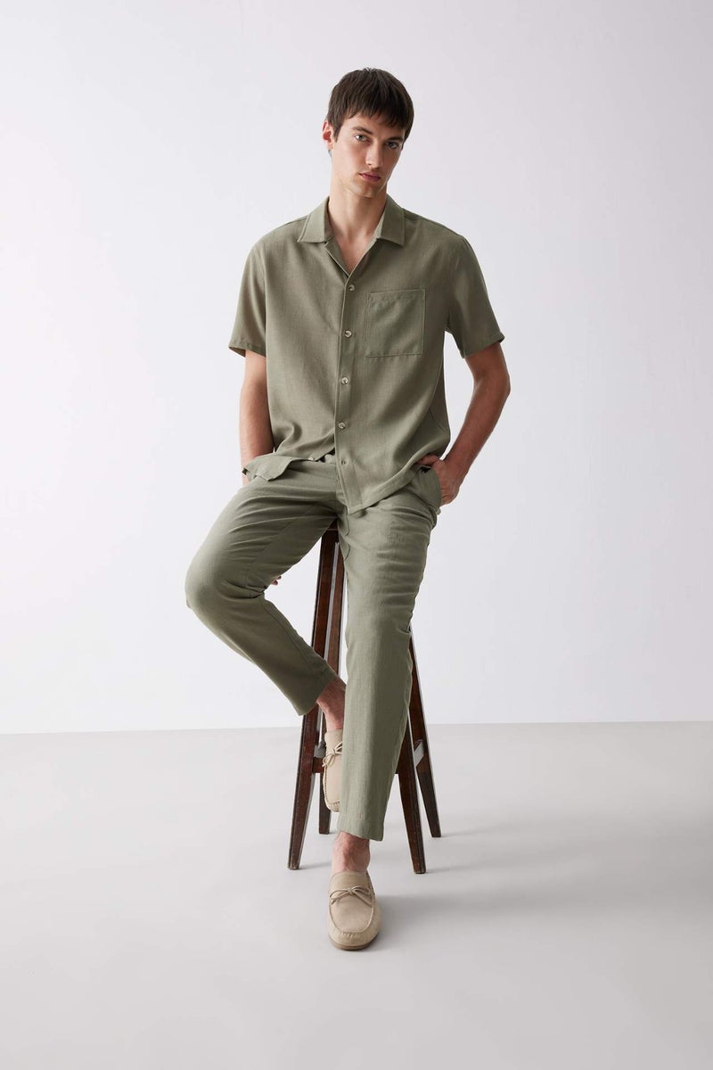DeFacto Relax Fit Polo Neck Short Sleeve Linen Look Shirt - Image 2