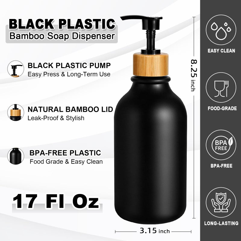 KASUNTING Hand Soap Dispenser Bathroom, Black Dish Soap Dispenser for Kitchen, 17 Fl Oz Plastic Hand and Dish Soap Dispensers Set with Bamboo Pump, 2 Pack Refillable Liquid Lotion Containers Bottle - Image 2