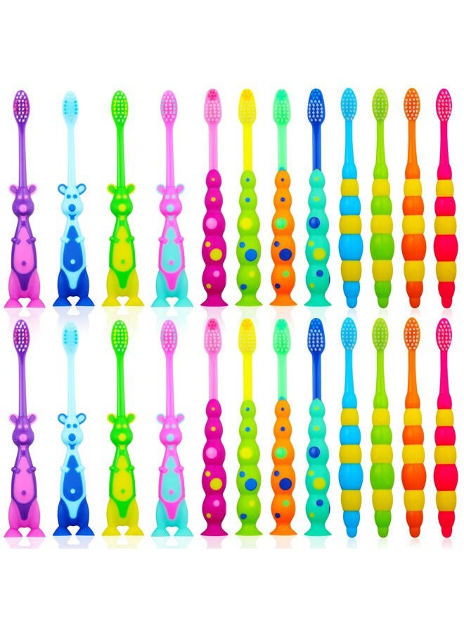 Lauwell Toddler Toothbrush Kids Manual Toothbrush Individually Wrapped Toothbrushes with Covers Suction Cup Toothbrush Lovely Soft Bristle Animal Toothbrush for Kids Sensitive Teeth (24 Pieces) - Image 1