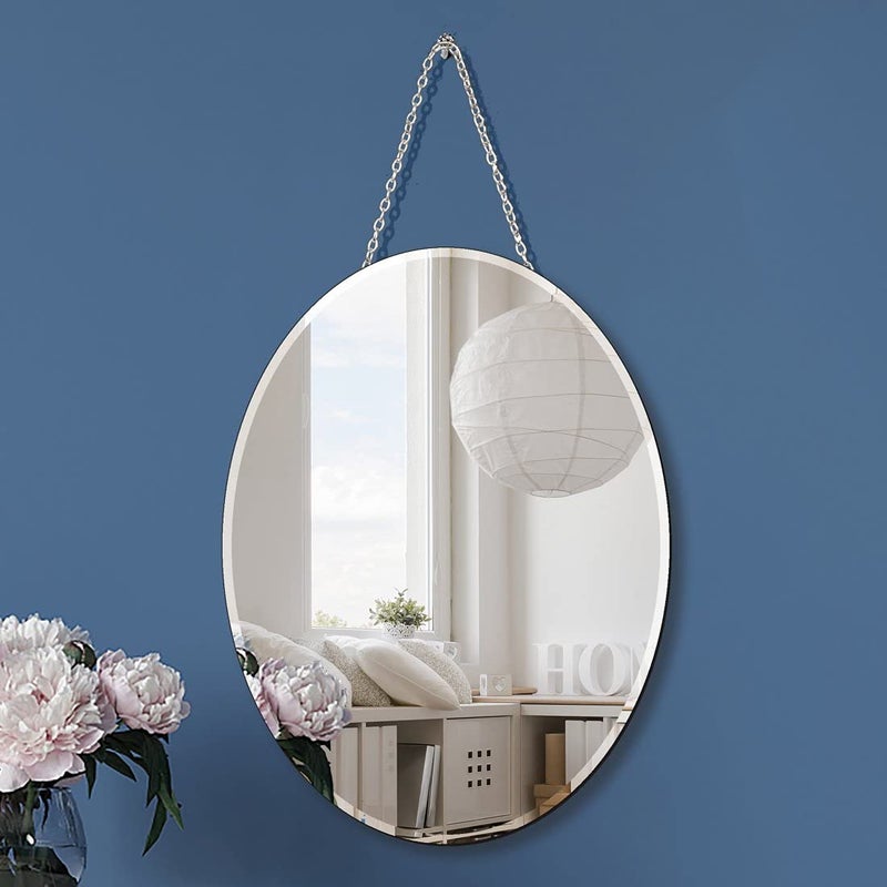 QMDECOR Oval Silver Mirror with Iron Chain for Wall Decor 12x16 inch Vertical or Horizontal Wall Hang Frame Less Mirror 5 mm Beveled Handicraft Wall Mirror
