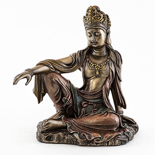 Top Collection H 7.25" W 6.5" Water & Moon Quan Yin in Royal Ease Pose Statue in Cold Cast Bronze - Goddess of Mercy Buddha Statue - Image 1