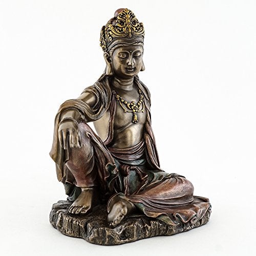 Top Collection H 7.25" W 6.5" Water & Moon Quan Yin in Royal Ease Pose Statue in Cold Cast Bronze - Goddess of Mercy Buddha Statue - Image 3