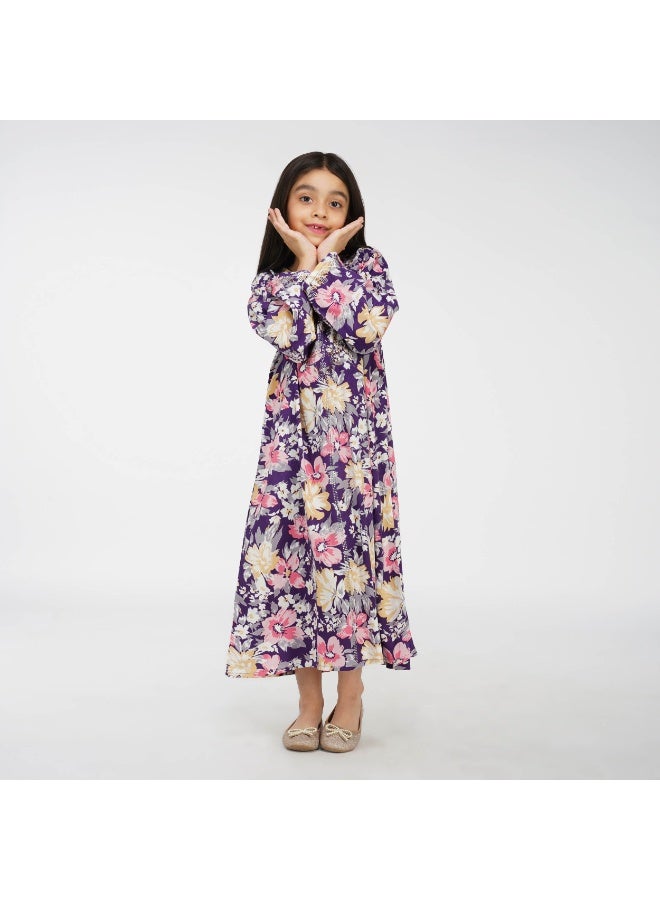 Linelle Floral Kids Jalabiya - Printed Maxi with V-Neck and Stone Embellishments - Image 4