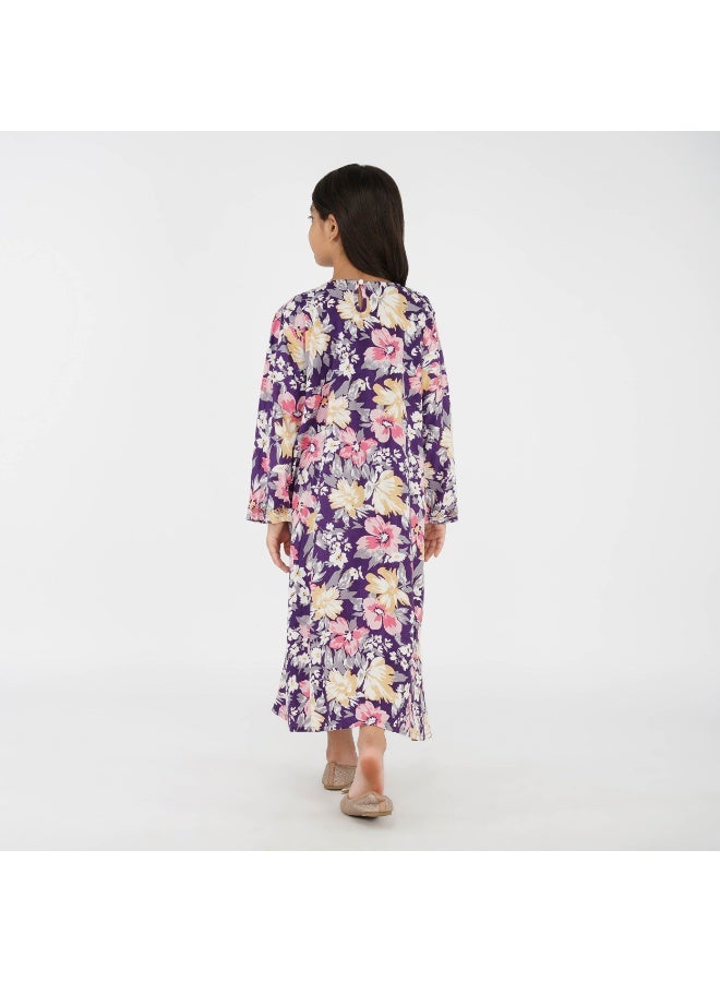 Linelle Floral Kids Jalabiya - Printed Maxi with V-Neck and Stone Embellishments - Image 2
