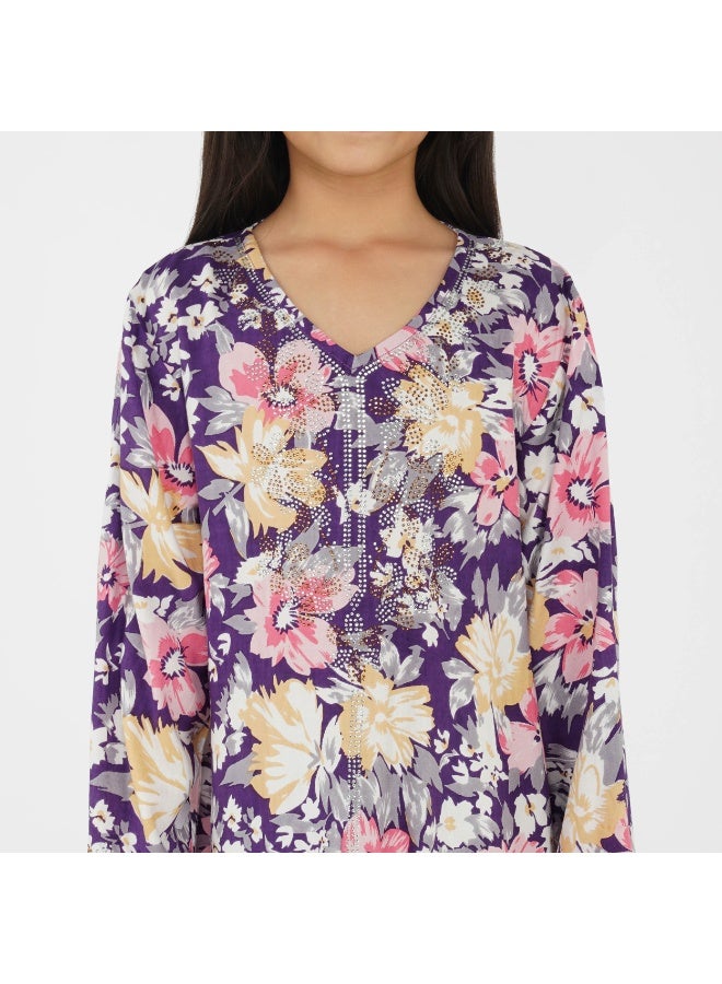 Linelle Floral Kids Jalabiya - Printed Maxi with V-Neck and Stone Embellishments - Image 3