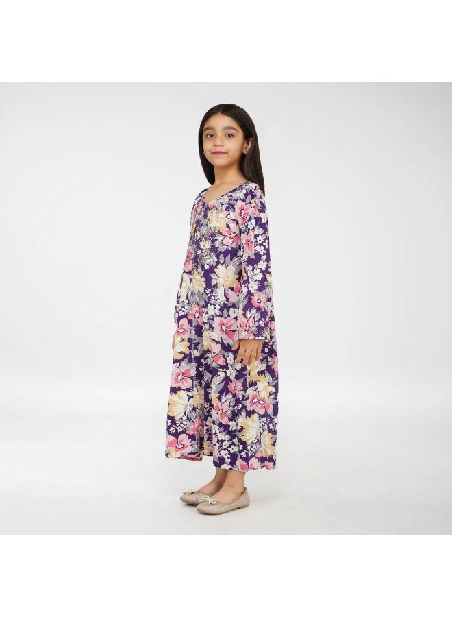 Linelle Floral Kids Jalabiya - Printed Maxi with V-Neck and Stone Embellishments - Image 1