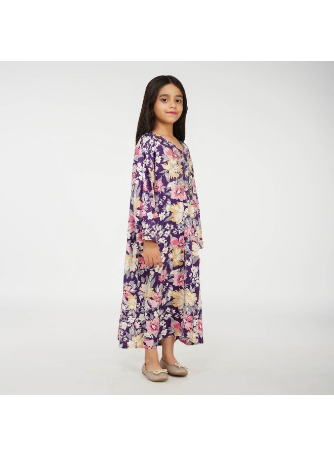 Linelle Floral Kids Jalabiya - Printed Maxi with V-Neck and Stone Embellishments - Image 5